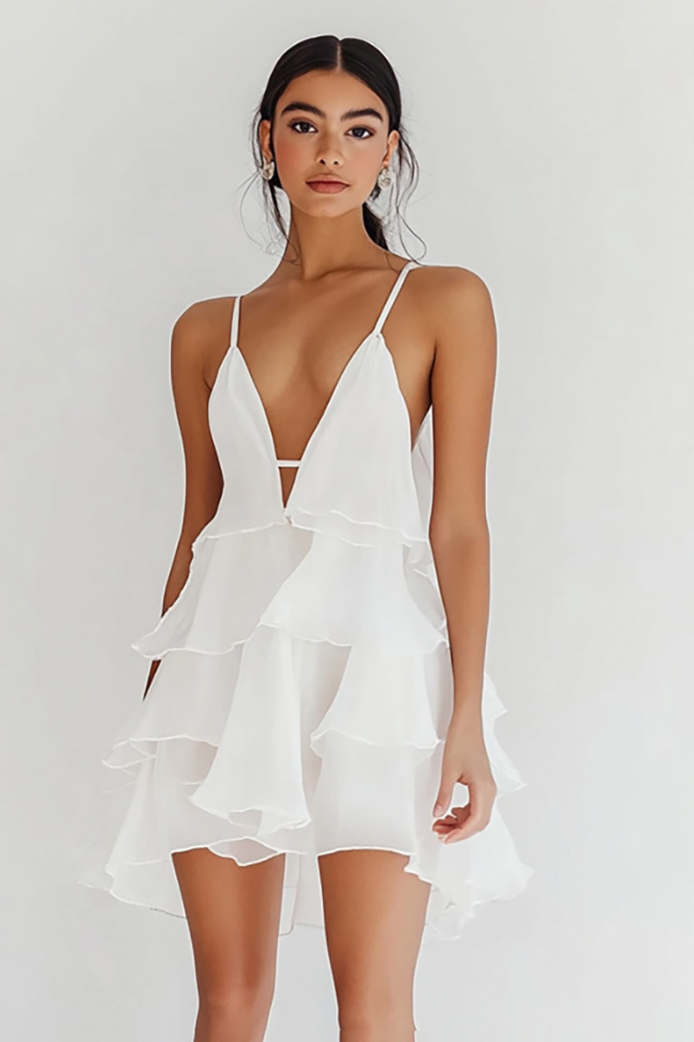 White Chiffon Tiered A Line Short Graduation Dress with Ruffles