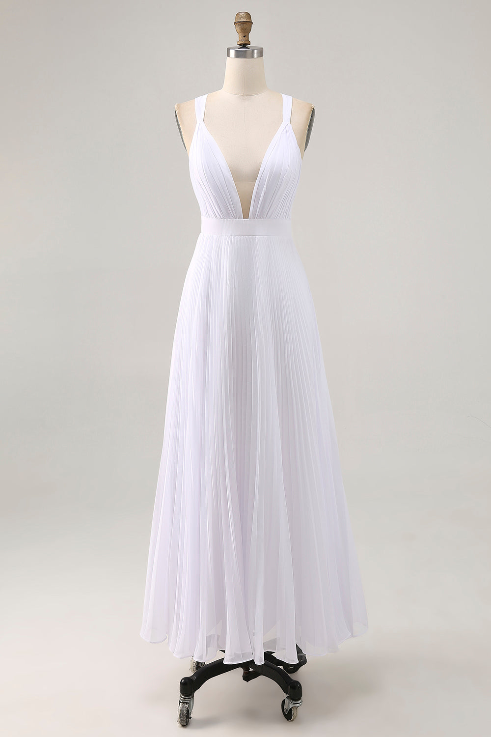 White Chiffon A-Line Pleated V-Neck Long Formal Dress