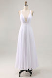 White Chiffon A-Line Pleated V-Neck Long Formal Dress