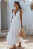 White Chiffon A-Line Pleated V-Neck Long Formal Dress