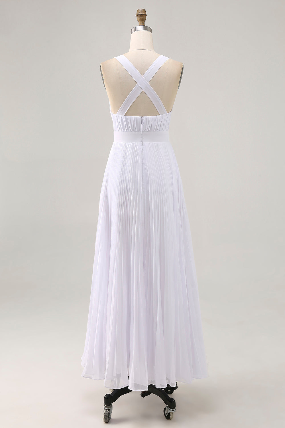 White Chiffon A-Line Pleated V-Neck Long Formal Dress