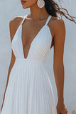 White Chiffon A-Line Pleated V-Neck Long Formal Dress