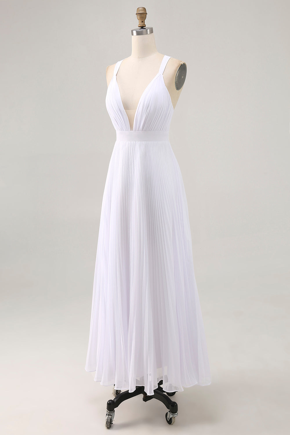 White Chiffon A-Line Pleated V-Neck Long Formal Dress