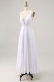 White Chiffon A-Line Pleated V-Neck Long Formal Dress