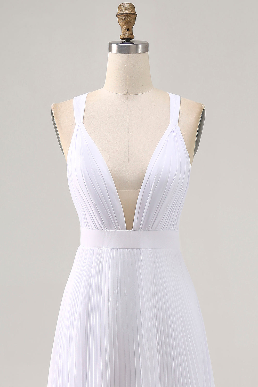 White Chiffon A-Line Pleated V-Neck Long Formal Dress
