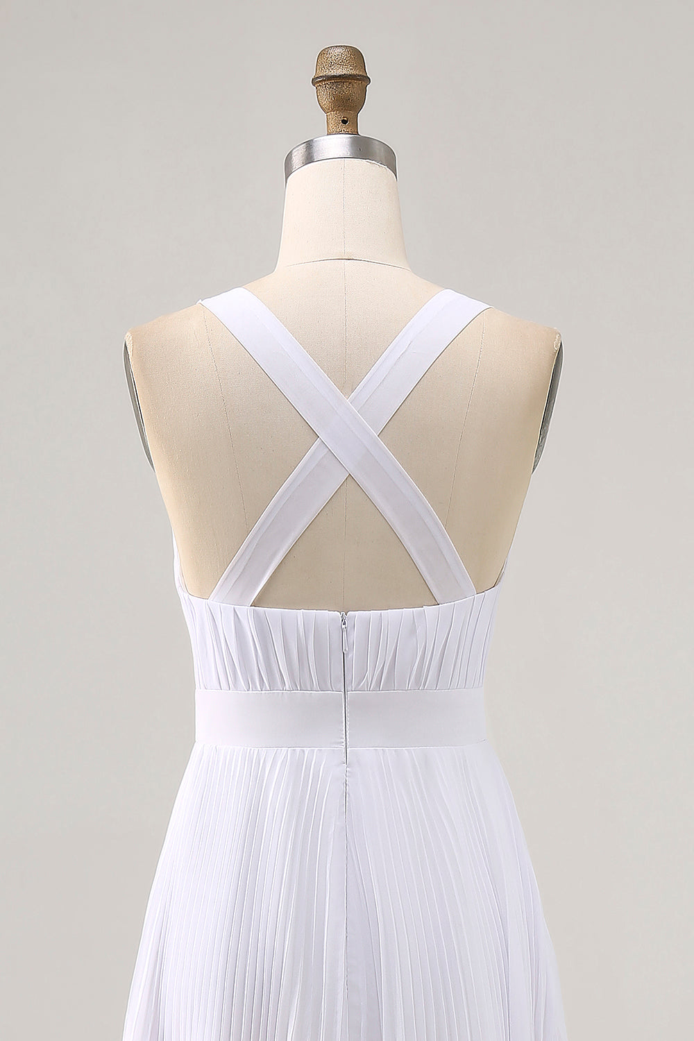 White Chiffon A-Line Pleated V-Neck Long Formal Dress