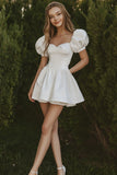 White Satin A Line Short Graduation Dress with Puff Sleeves