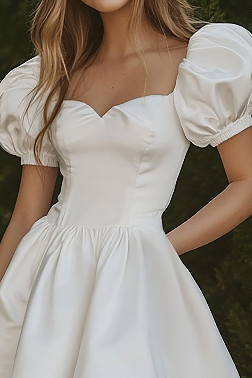 White Satin A Line Short Graduation Dress with Puff Sleeves