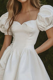 White Satin A Line Short Graduation Dress with Puff Sleeves