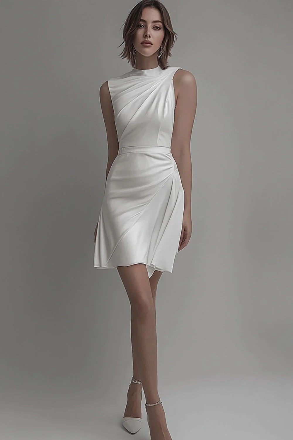 White High Neck Chiffon Bodycon Short Graduation Dress