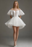 White Off The Shoulder A Line Short Graduation Dress with Flutter Sleeves