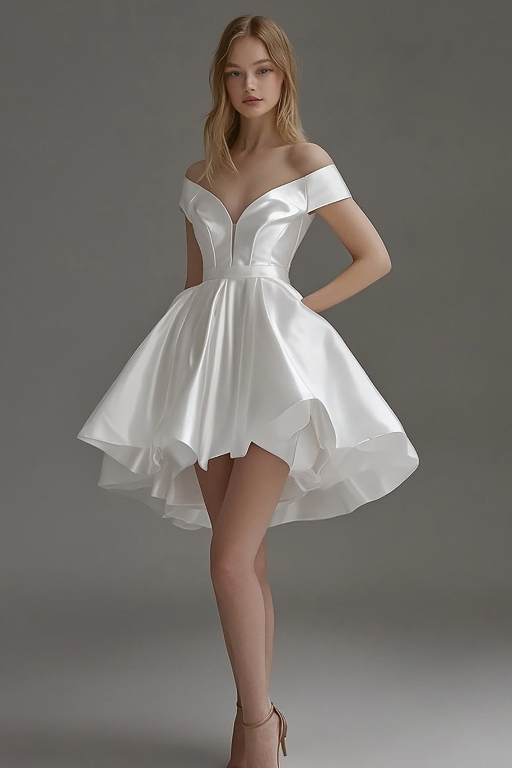 White Satin Corset A Line Off The Shoulder Short Graduation Dress
