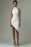 White Satin High Neck Bodycon Asymmetrical Graduation Dress