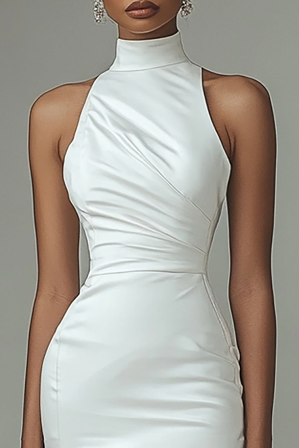 White Satin High Neck Bodycon Asymmetrical Graduation Dress