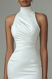 White Satin High Neck Bodycon Asymmetrical Graduation Dress