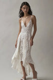 Ivory Lace Deep V Neck Sheath High-Low Formal Dress