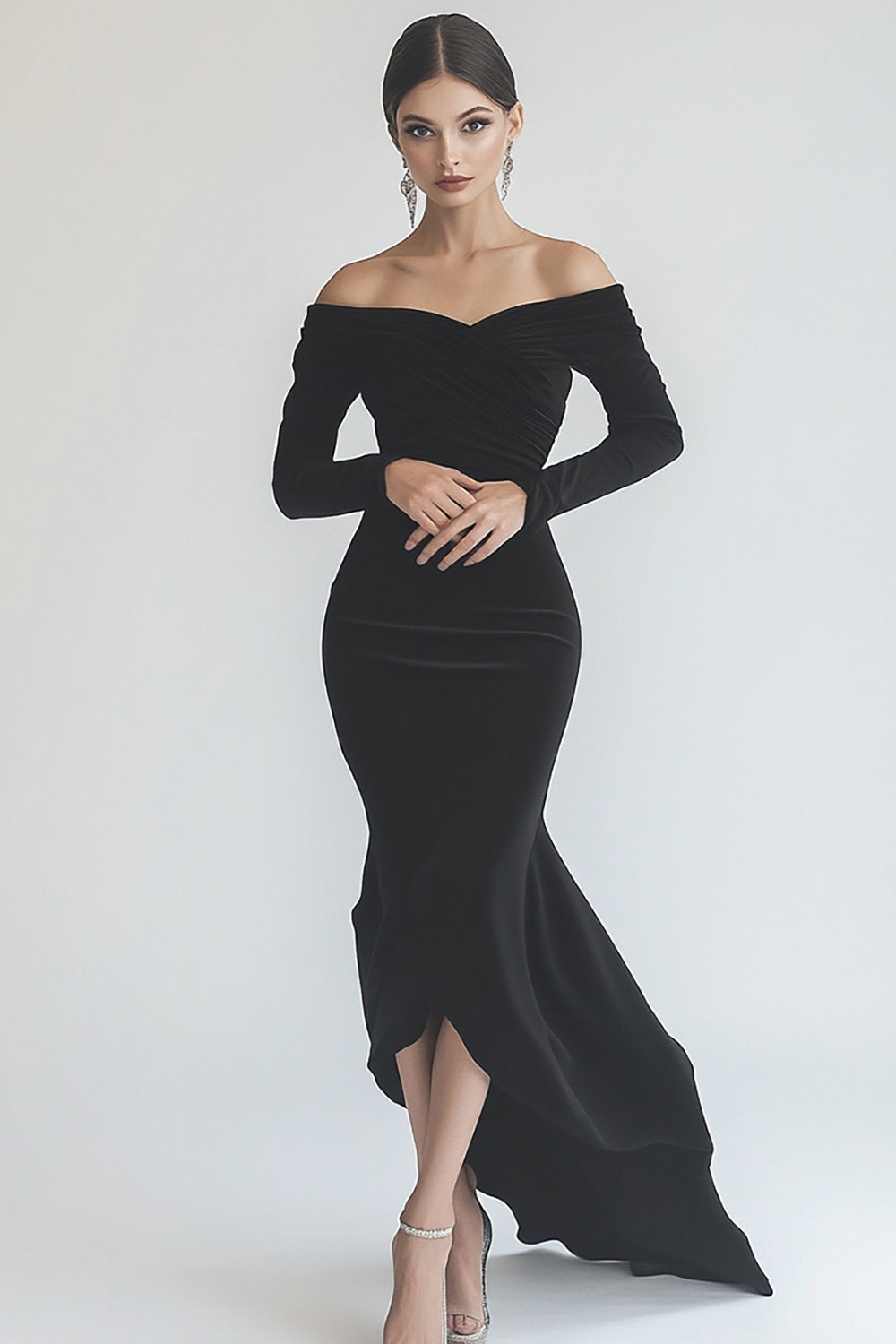 Black Satin Mermaid Long Sleeves High-Low Formal Dress