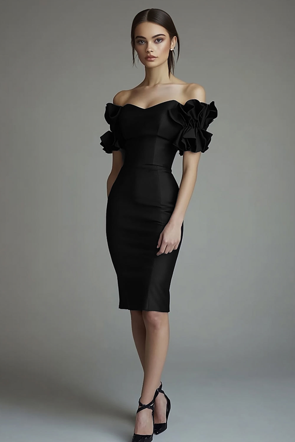 Black Satin Off the Shoulder Bodycon Midi Formal Dress with Ruffles