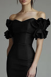 Black Satin Off the Shoulder Bodycon Midi Formal Dress with Ruffles