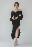 Black Chiffon Ruffled Sheath Long Sleeves Formal Dress with Slit