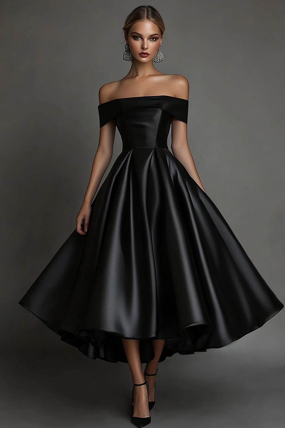 Simple Black Satin A Line Off The Shoulder Long Formal Dress