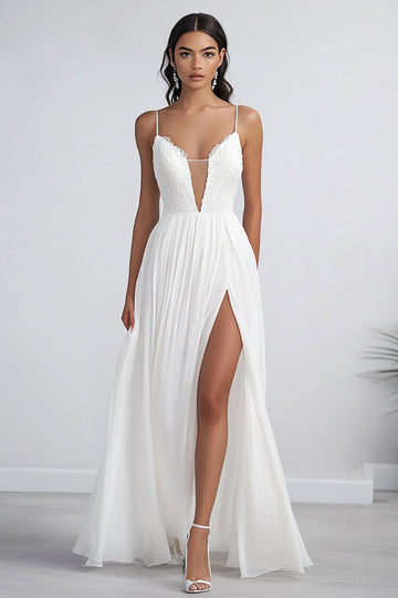 White Chiffon A Line Spaghetti Straps Long Formal Dress with Slit