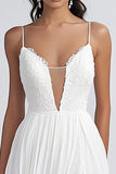White Chiffon A Line Spaghetti Straps Long Formal Dress with Slit