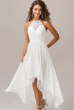 A Line White Halter Neck Chiffon Asymmetrical Formal Dress with Lace