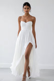Strapless A Line White Chiffon Long Graduation Dress With Slit