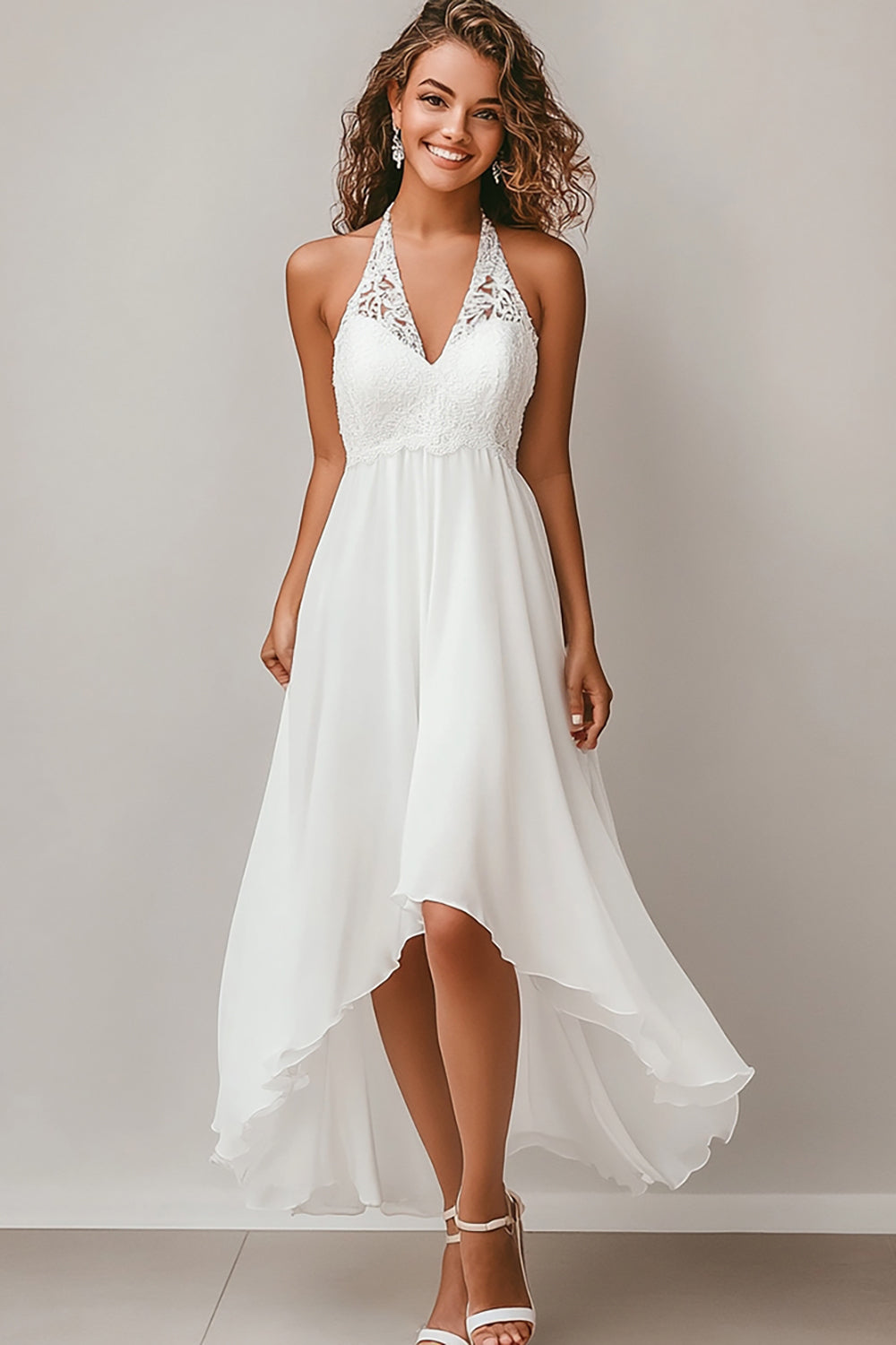 Halter A Line White Chiffon High-Low Graduation Dress with Lace