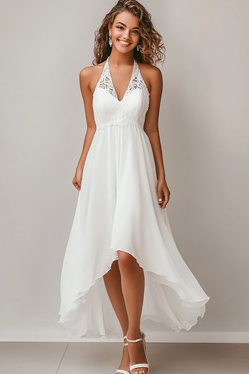 Halter A Line White Chiffon High-Low Graduation Dress with Lace