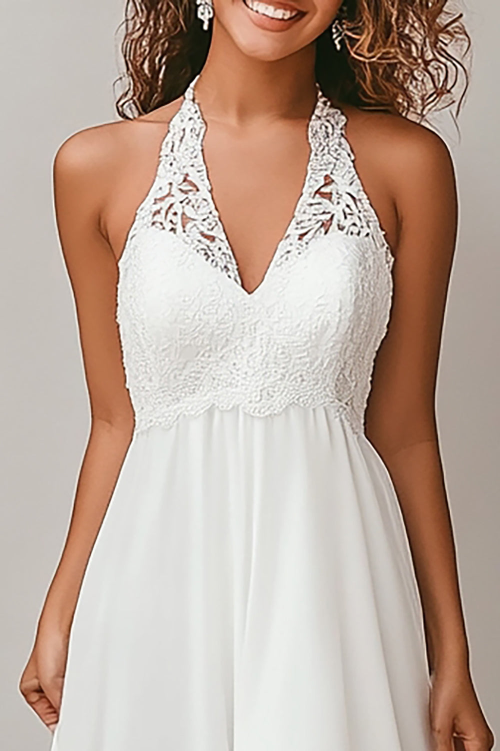Halter A Line White Chiffon High-Low Graduation Dress with Lace