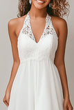 Halter A Line White Chiffon High-Low Graduation Dress with Lace