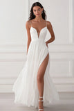 A Line White Spaghetti Straps Chiffon Long Formal Dress with Slit