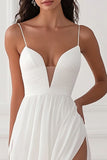 A Line White Spaghetti Straps Chiffon Long Formal Dress with Slit