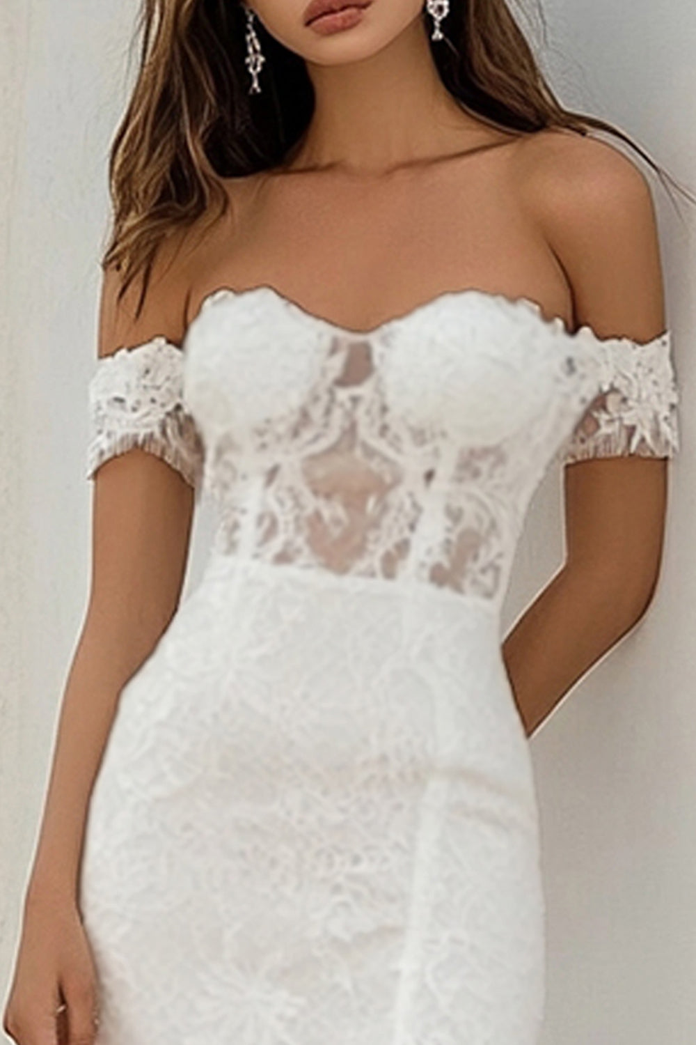 White Lace Off The Shoulder Long Boho Formal Dress with Slit