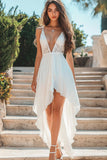 A Line White Deep V-Neck High-Low Graduation Dress with Lace