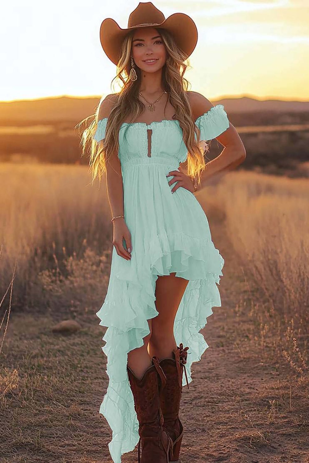 Off The Shoulder Ruffled White High-Low Graduation Dress