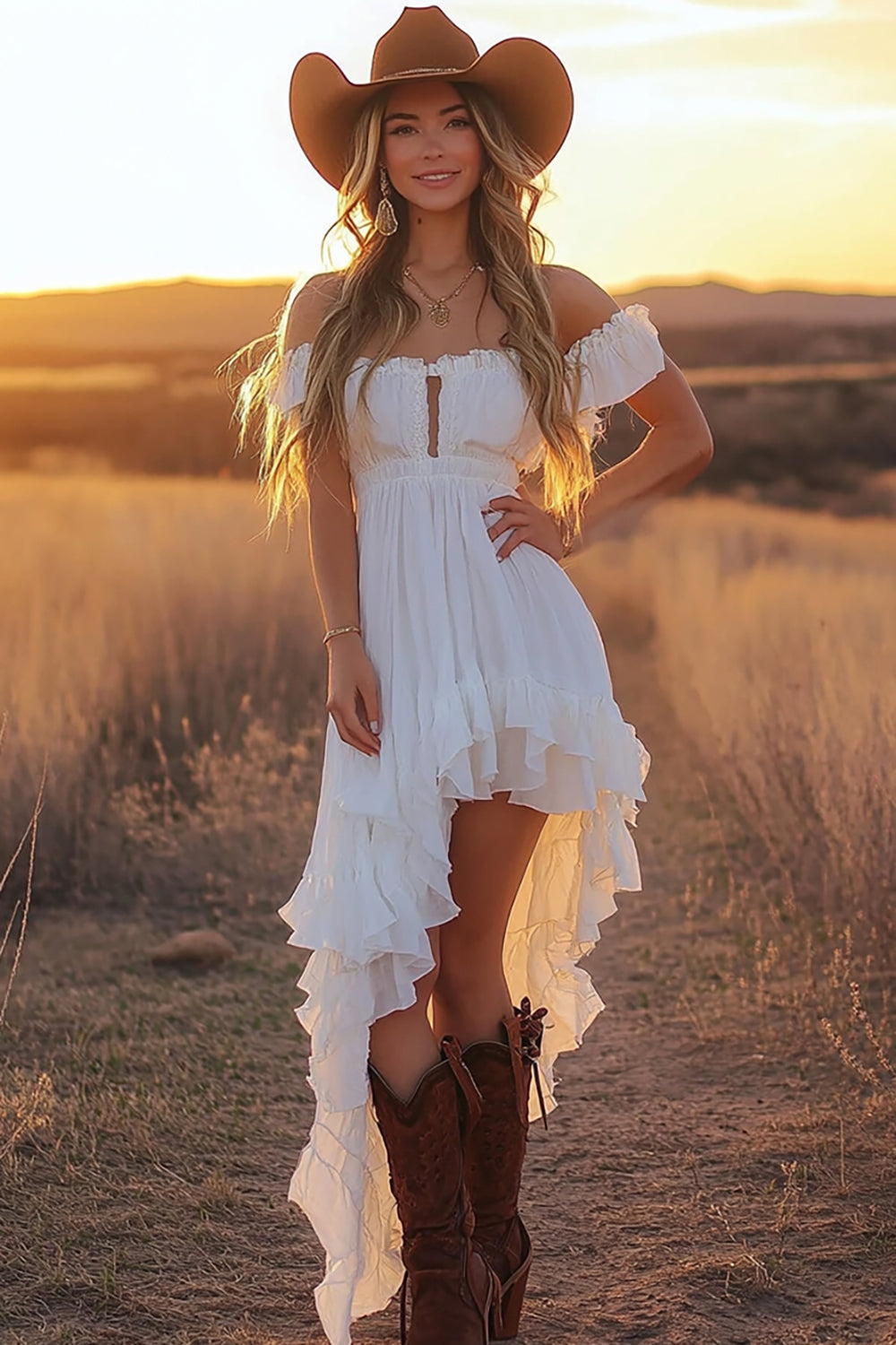 Off The Shoulder Ruffled White High-Low Graduation Dress
