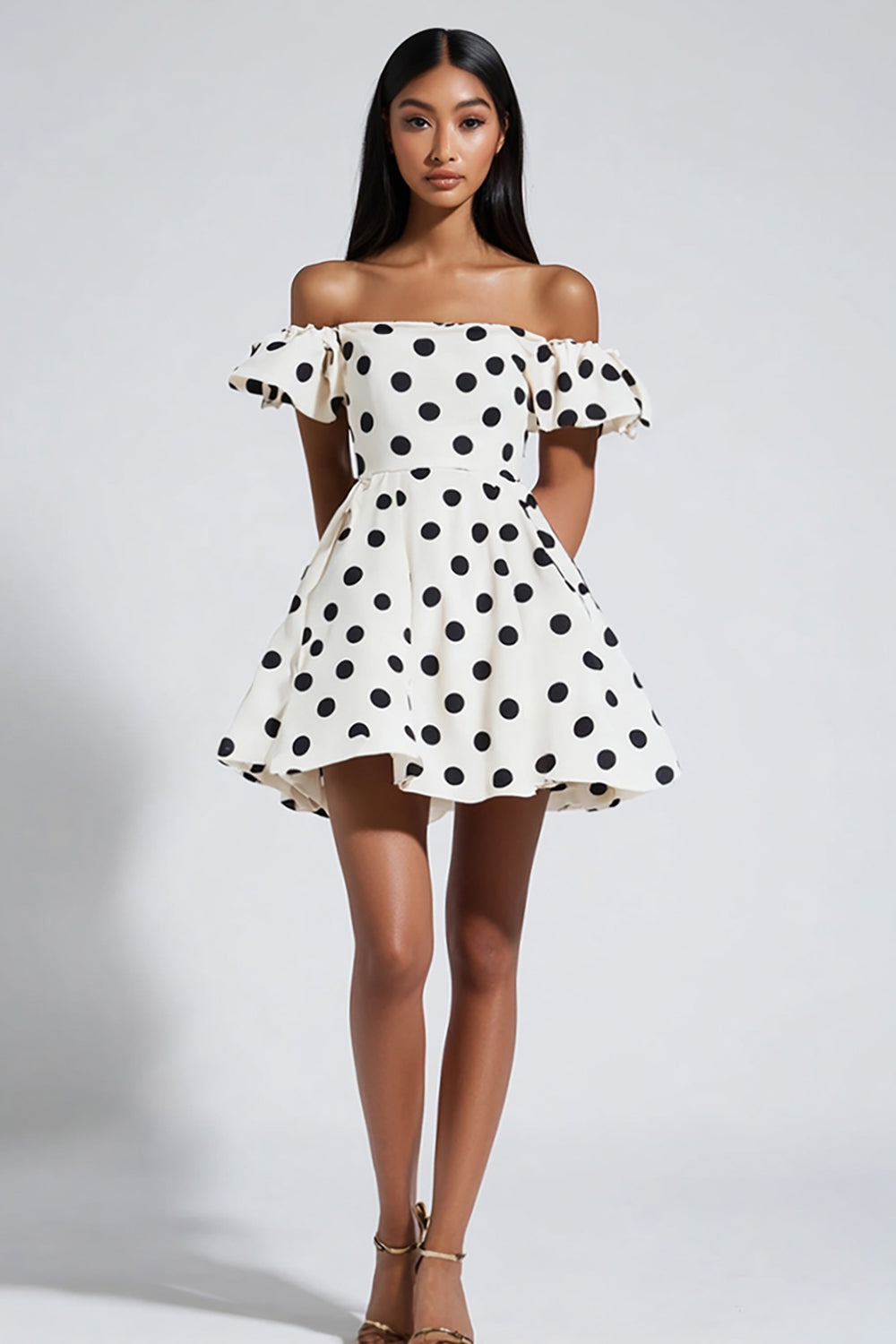 Off The Shoulder White Black Mini Polka Dots Dress