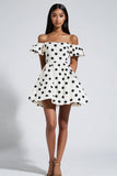 Off The Shoulder White Black Mini Polka Dots Dress