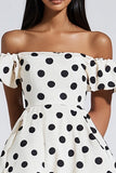 Off The Shoulder White Black Mini Polka Dots Dress
