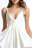 White Ruched A Line V Neck Mini Graduation Dress