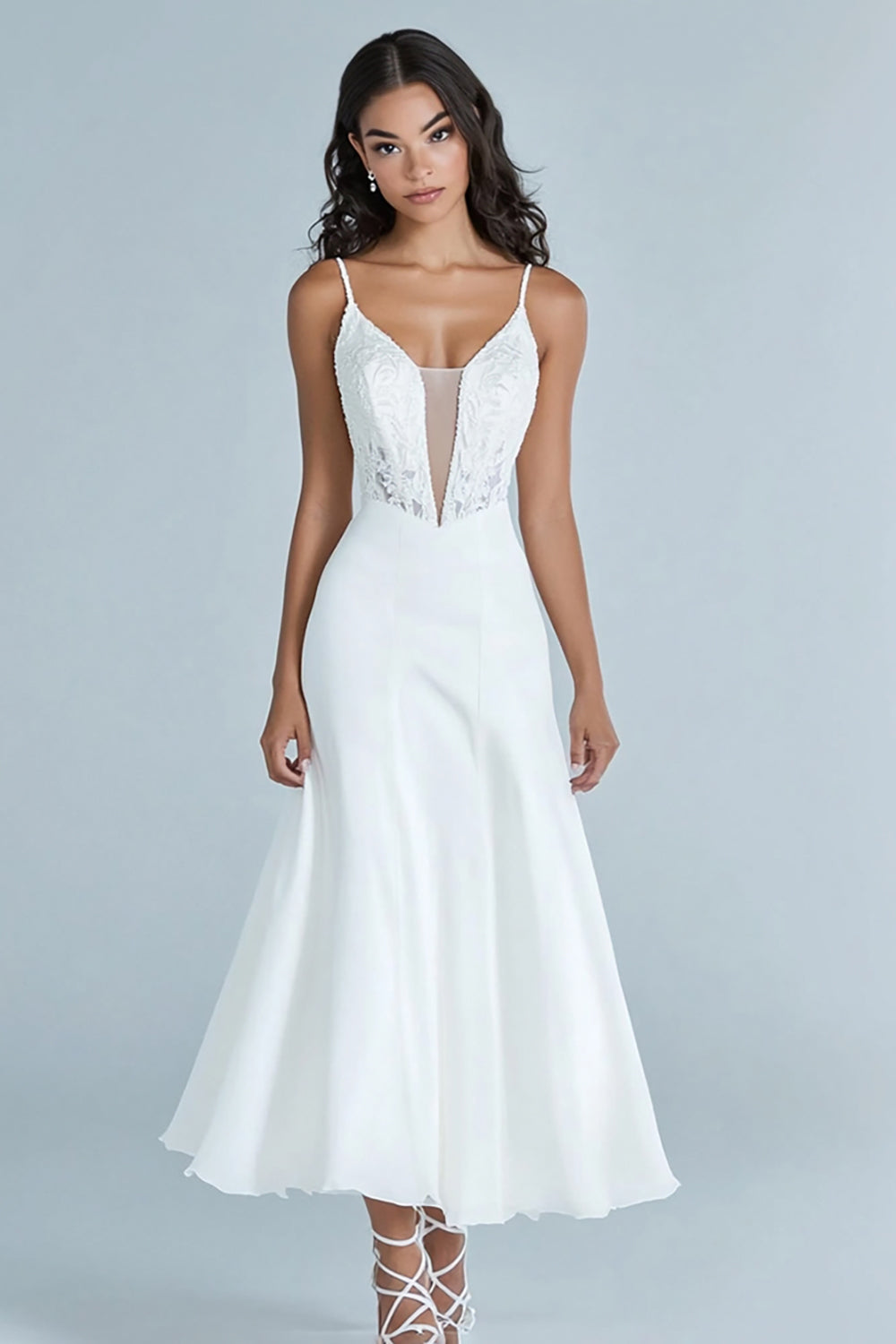 White A Line Spaghetti Straps Long Formal Dress with Lace