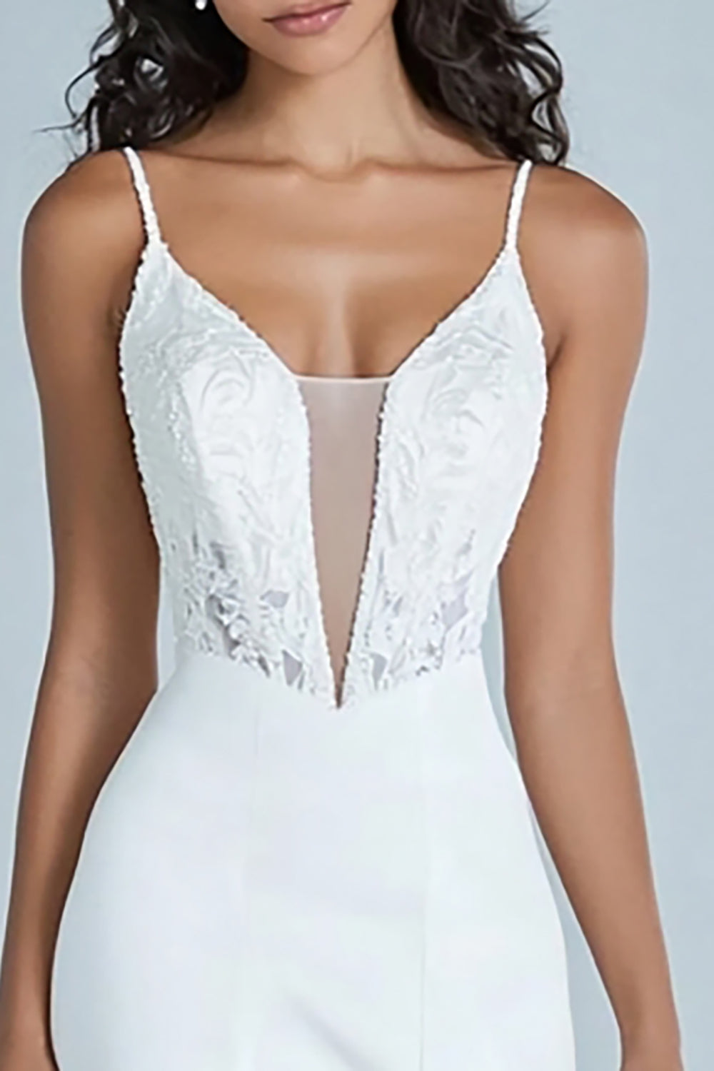 White A Line Spaghetti Straps Long Formal Dress with Lace