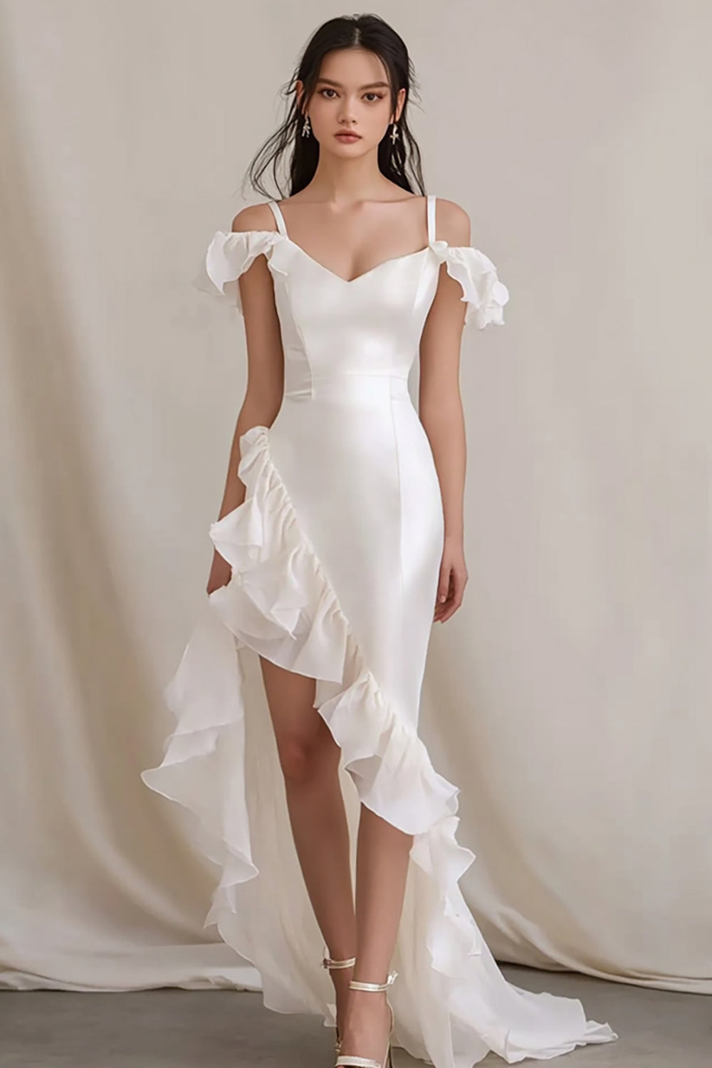 White Cold Shoulder Ruffled Sheath Asymmetrical Formal Dress