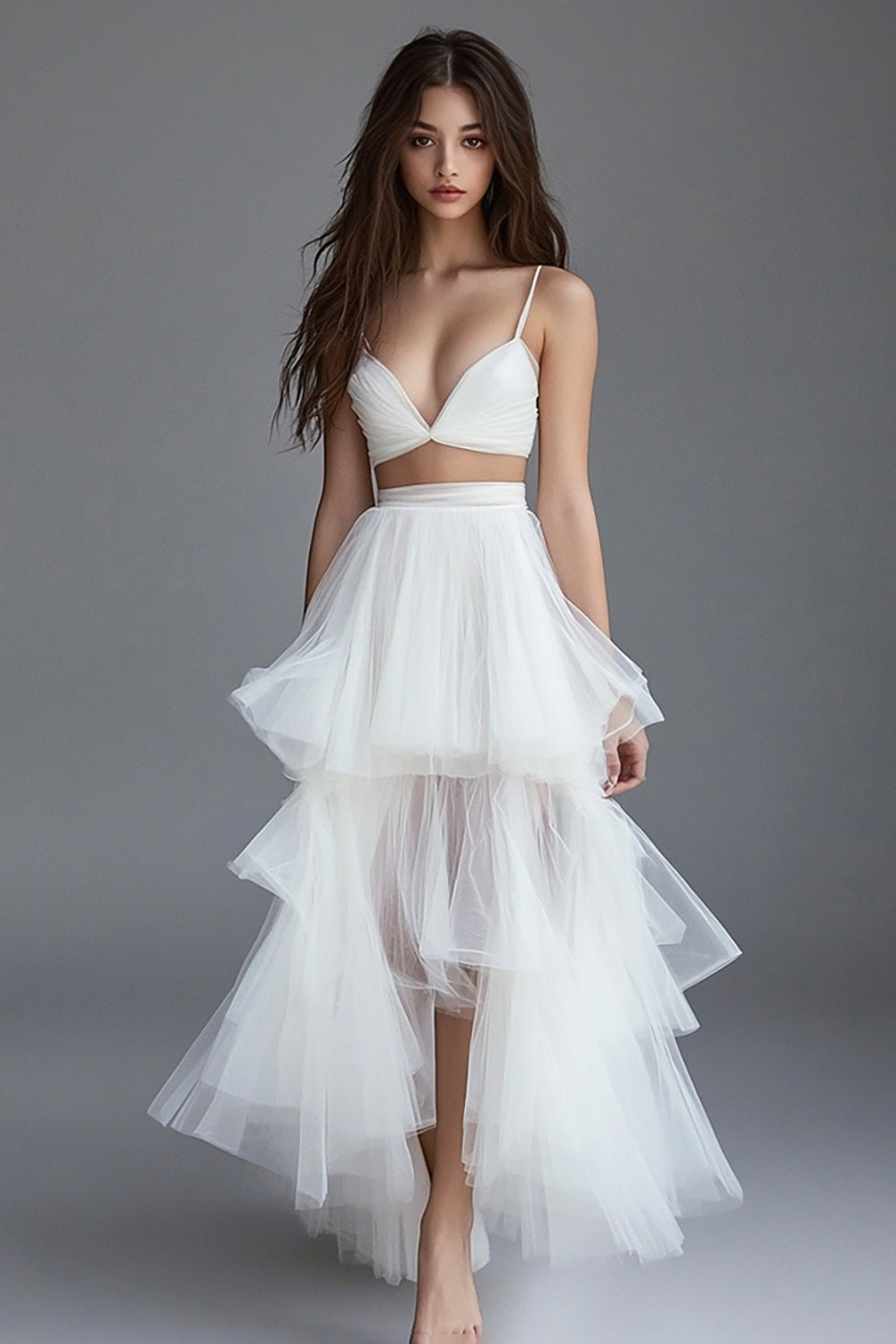 White Organza A Line Tiered Two Piece Long Graduation Dress