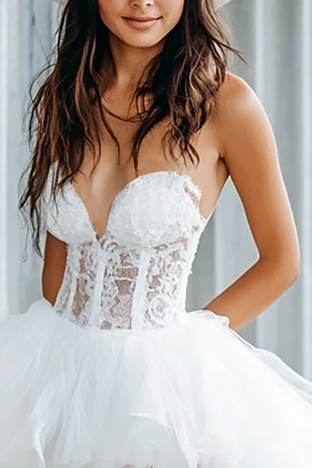 White Corset A Line Tulle High-Low Boho Dress with Lace
