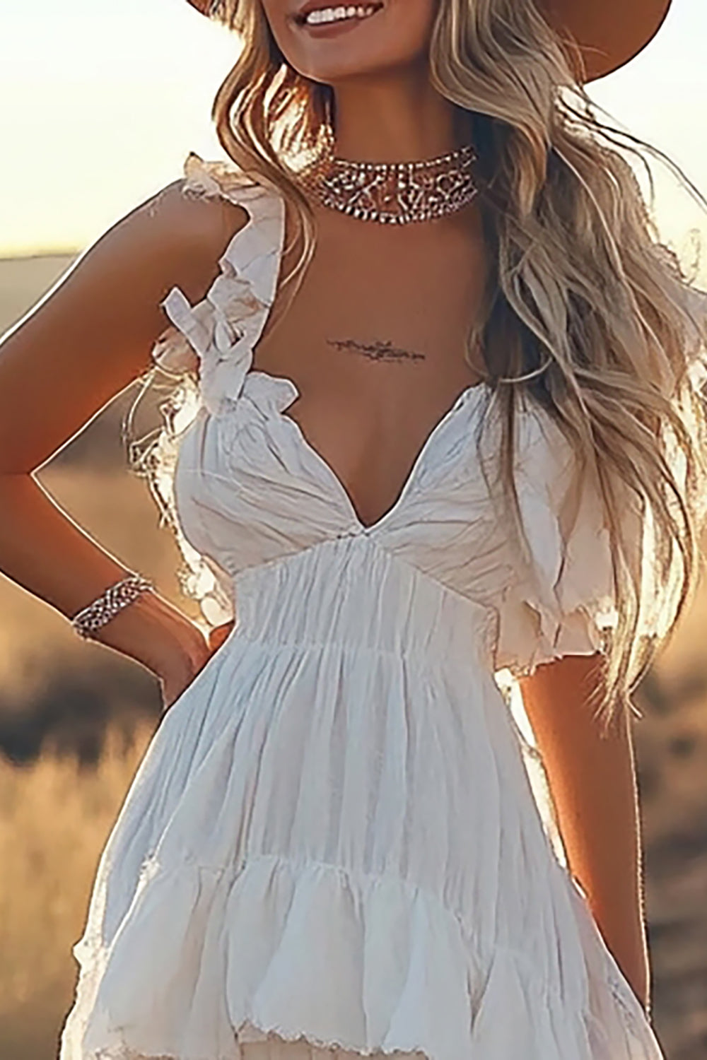 Ivory A Line High Low Tiered Ruffled Spaghetti Straps Boho Dress