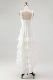 Ivory A Line High Low Tiered Ruffled Spaghetti Straps Boho Dress